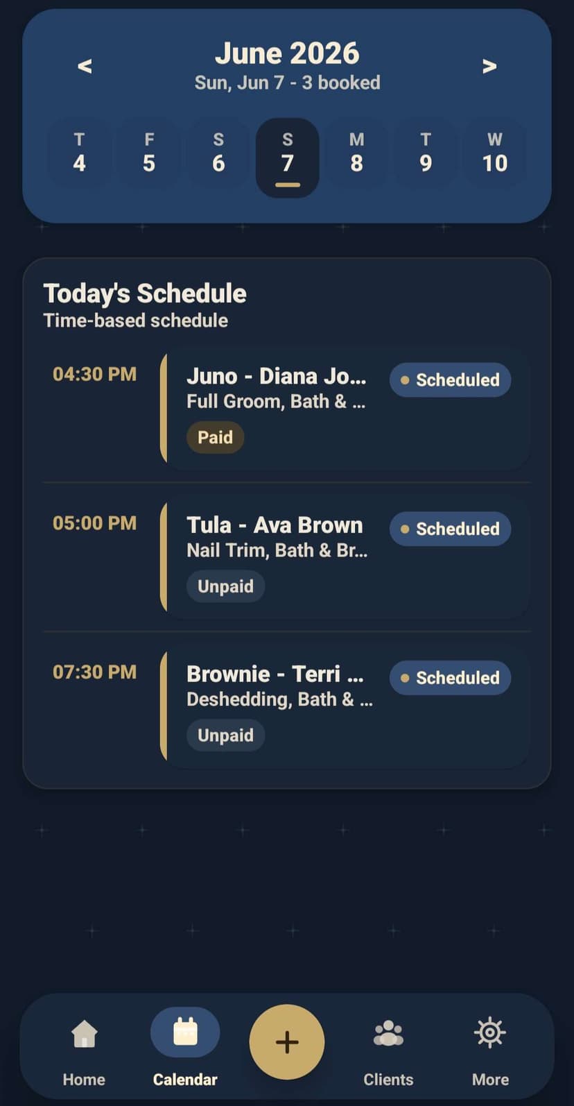 GroomBuddy calendar scheduling screenshot
