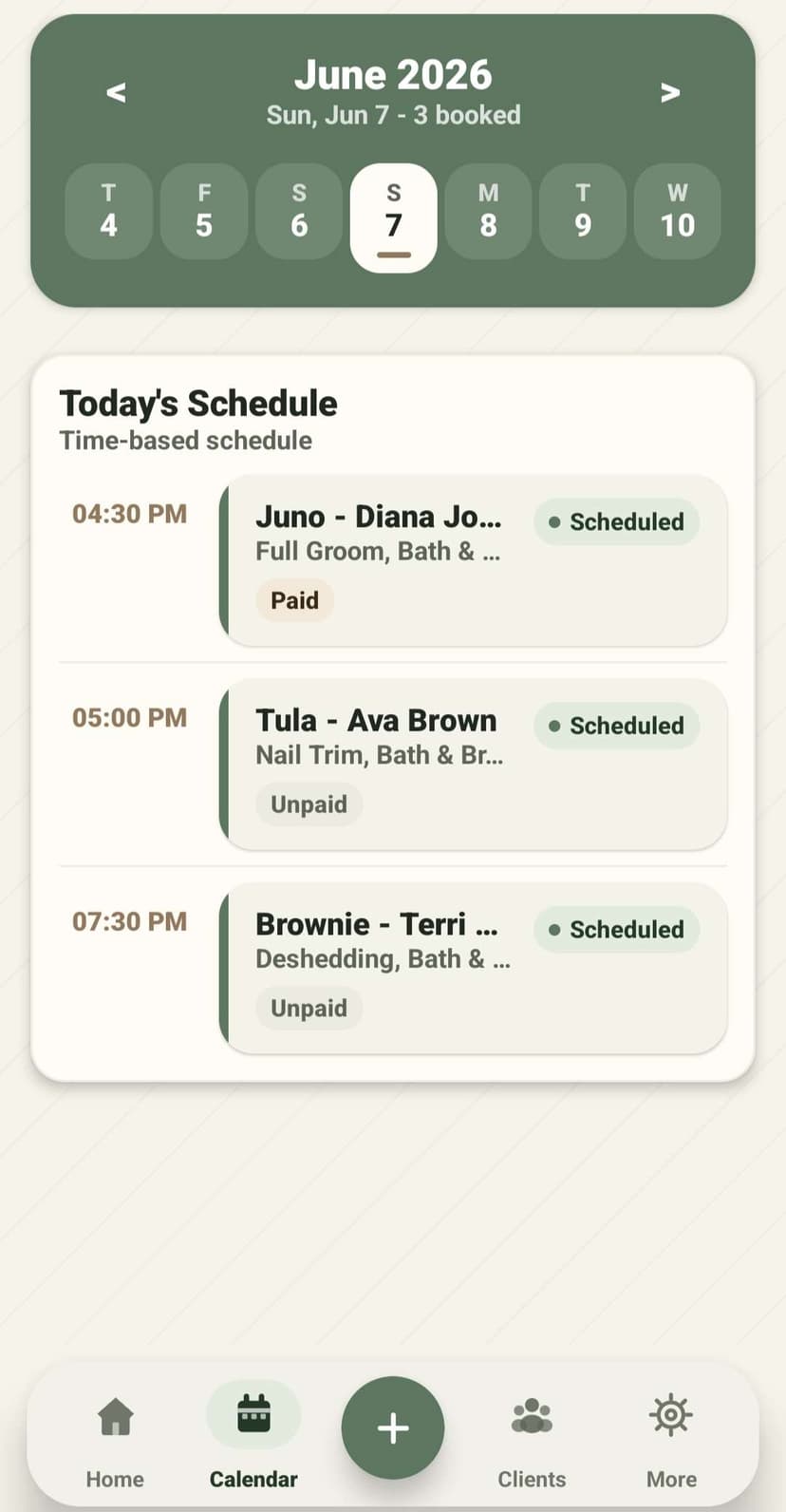 GroomBuddy calendar scheduling screenshot in light theme