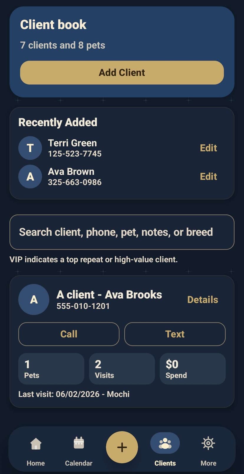 GroomBuddy client and pet records screenshot