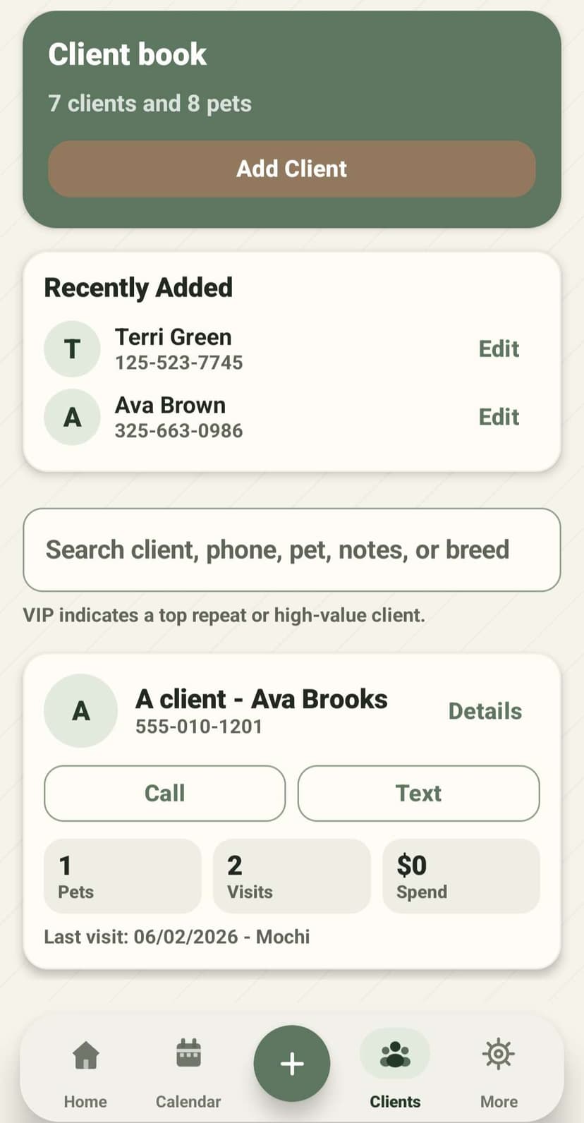 GroomBuddy client and pet records screenshot in light theme