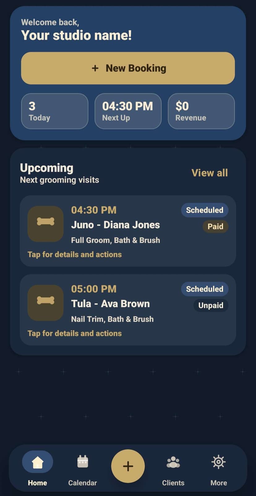 GroomBuddy home dashboard screenshot