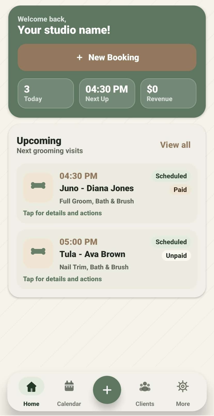 GroomBuddy home dashboard screenshot in light theme