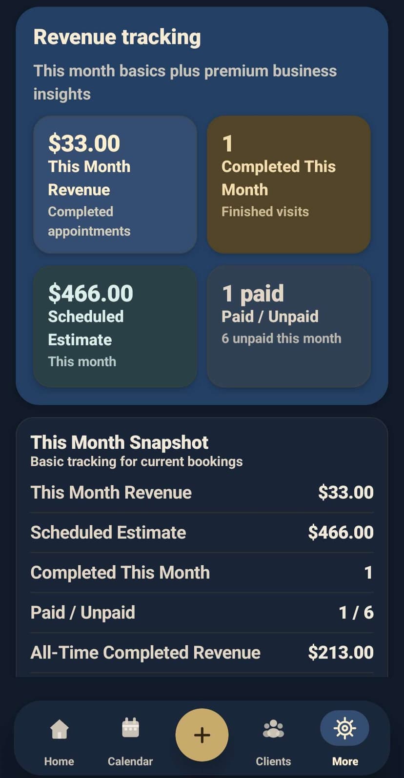 GroomBuddy revenue tracking screenshot