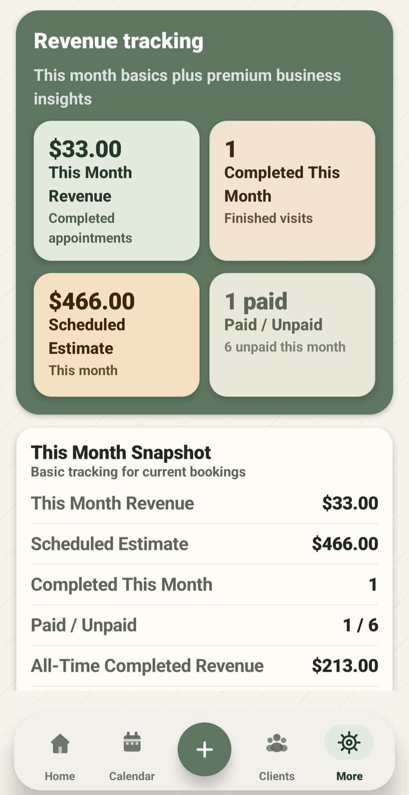 GroomBuddy revenue tracking screenshot in light theme